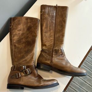 Matisse tall brown leather riding boots with buckle strap and zipper